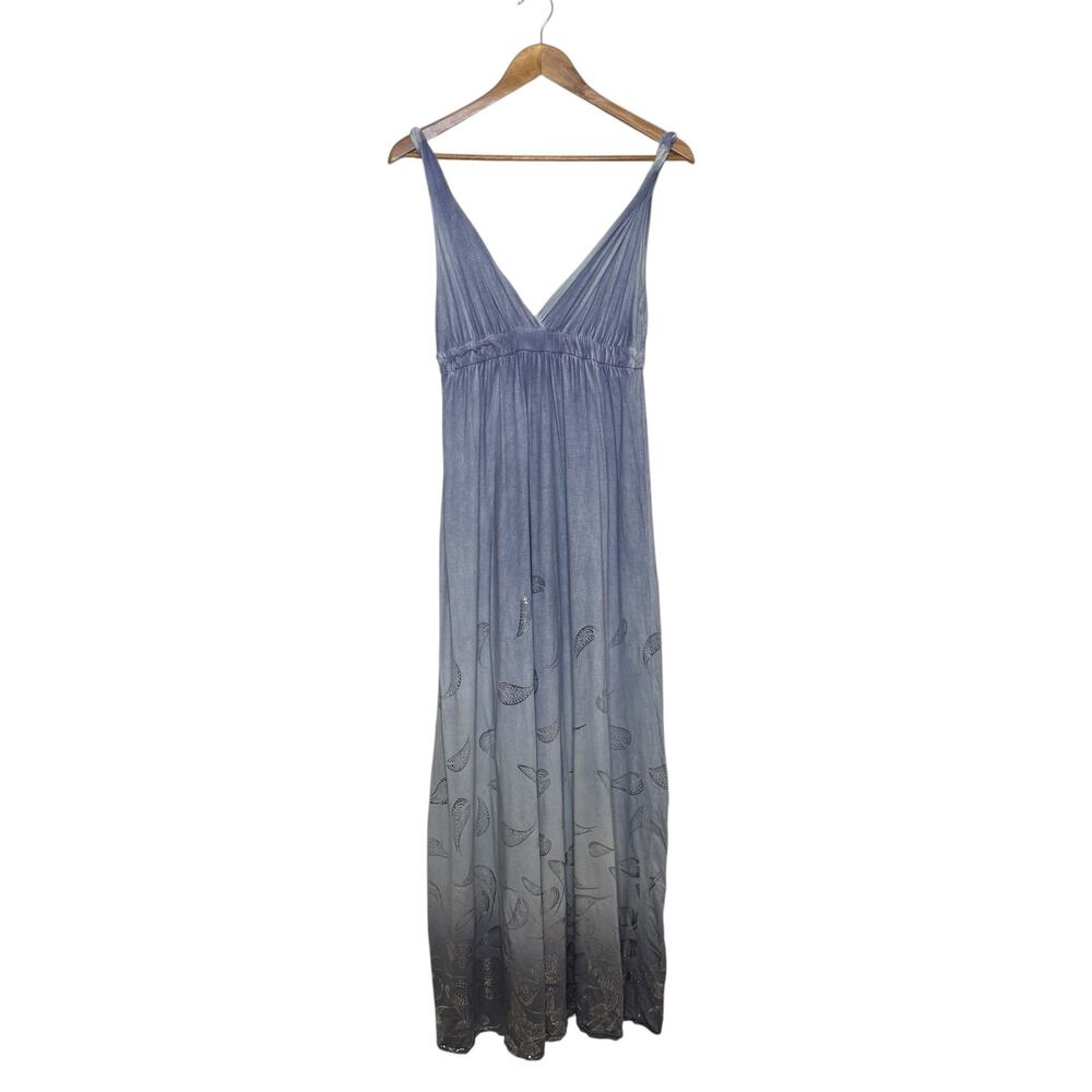 Gypsy 05 Gray 100% Cotton Metallic Silver Paisley Ombre Maxi Dress Medium